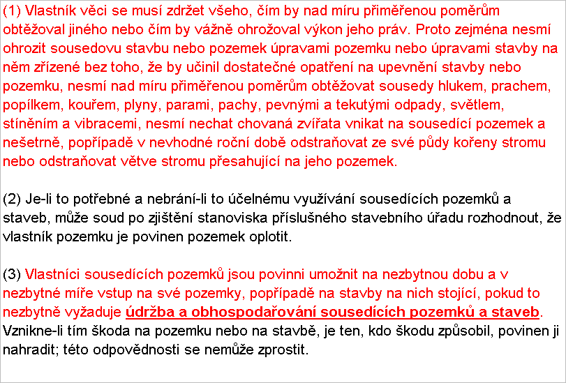 Textov pole: (1) Vlastnk vci se mus zdret veho, m by nad mru pimenou pomrm obtoval jinho nebo m by vn ohrooval vkon jeho prv. Proto zejmna nesm ohrozit sousedovu stavbu nebo pozemek pravami pozemku nebo pravami stavby na nm zzen bez toho, e by uinil dostaten opaten na upevnn stavby nebo pozemku, nesm nad mru pimenou pomrm obtovat sousedy hlukem, prachem, poplkem, kouem, plyny, parami, pachy, pevnmi a tekutmi odpady, svtlem, stnnm a vibracemi, nesm nechat chovan zvata vnikat na sousedc pozemek a neetrn, poppad v nevhodn ron dob odstraovat ze sv pdy koeny stromu nebo odstraovat vtve stromu pesahujc na jeho pozemek.

(2) Je-li to potebn a nebrn-li to elnmu vyuvn sousedcch pozemk a staveb, me soud po zjitn stanoviska pslunho stavebnho adu rozhodnout, e vlastnk pozemku je povinen pozemek oplotit.

(3) Vlastnci sousedcch pozemk jsou povinni umonit na nezbytnou dobu a v nezbytn me vstup na sv pozemky, poppad na stavby na nich stojc, pokud to nezbytn vyaduje drba a obhospodaovn sousedcch pozemk a staveb. Vznikne-li tm koda na pozemku nebo na stavb, je ten, kdo kodu zpsobil, povinen ji nahradit; tto odpovdnosti se neme zprostit.
